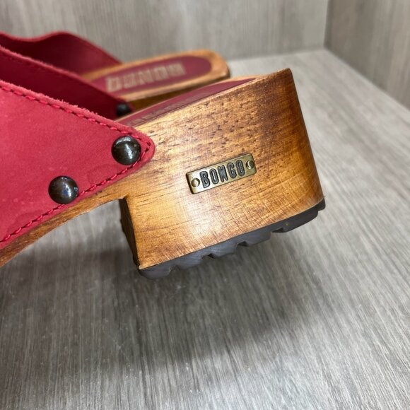 Bongo Wooden Platform Clog Sandal Size 9 Slip On Block Heel Open Toe Leather Red - Picture 8 of 12
